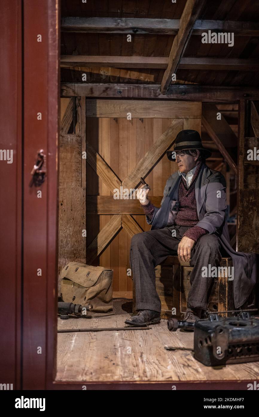 Wachsfigur eines Mannes in einem Rind oder Güterwagen während der Depression Zeitraum Stockfoto