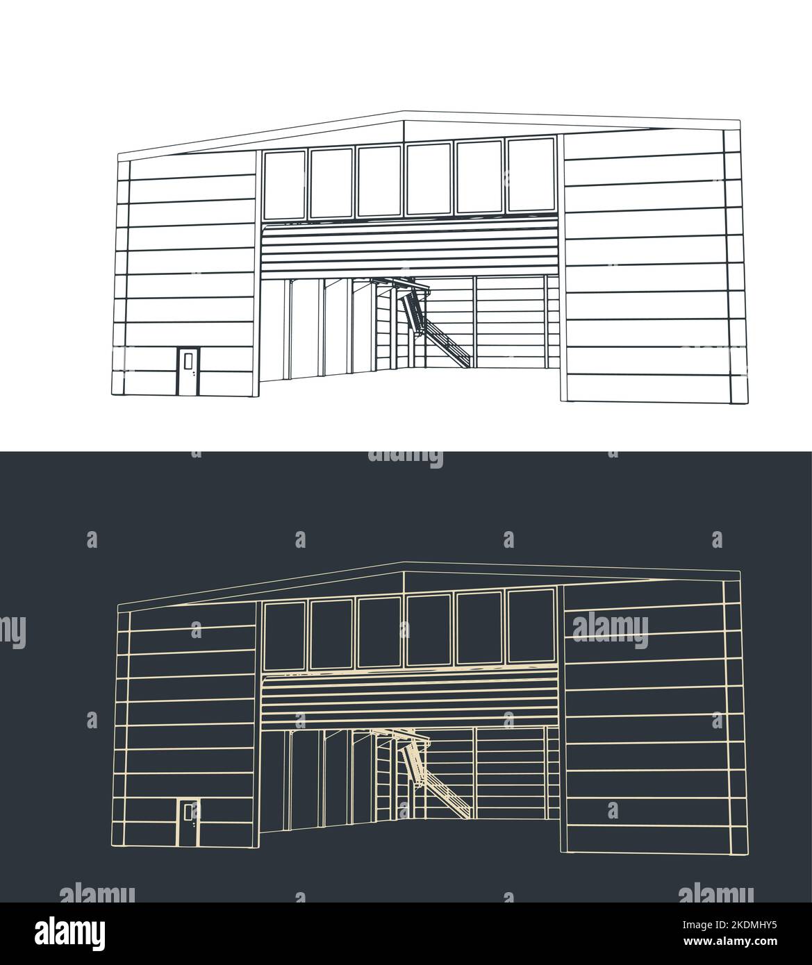 Stilisierte Vektordarstellung von Rawings der Fassade eines Industriehallen-Gebäudes Stock Vektor