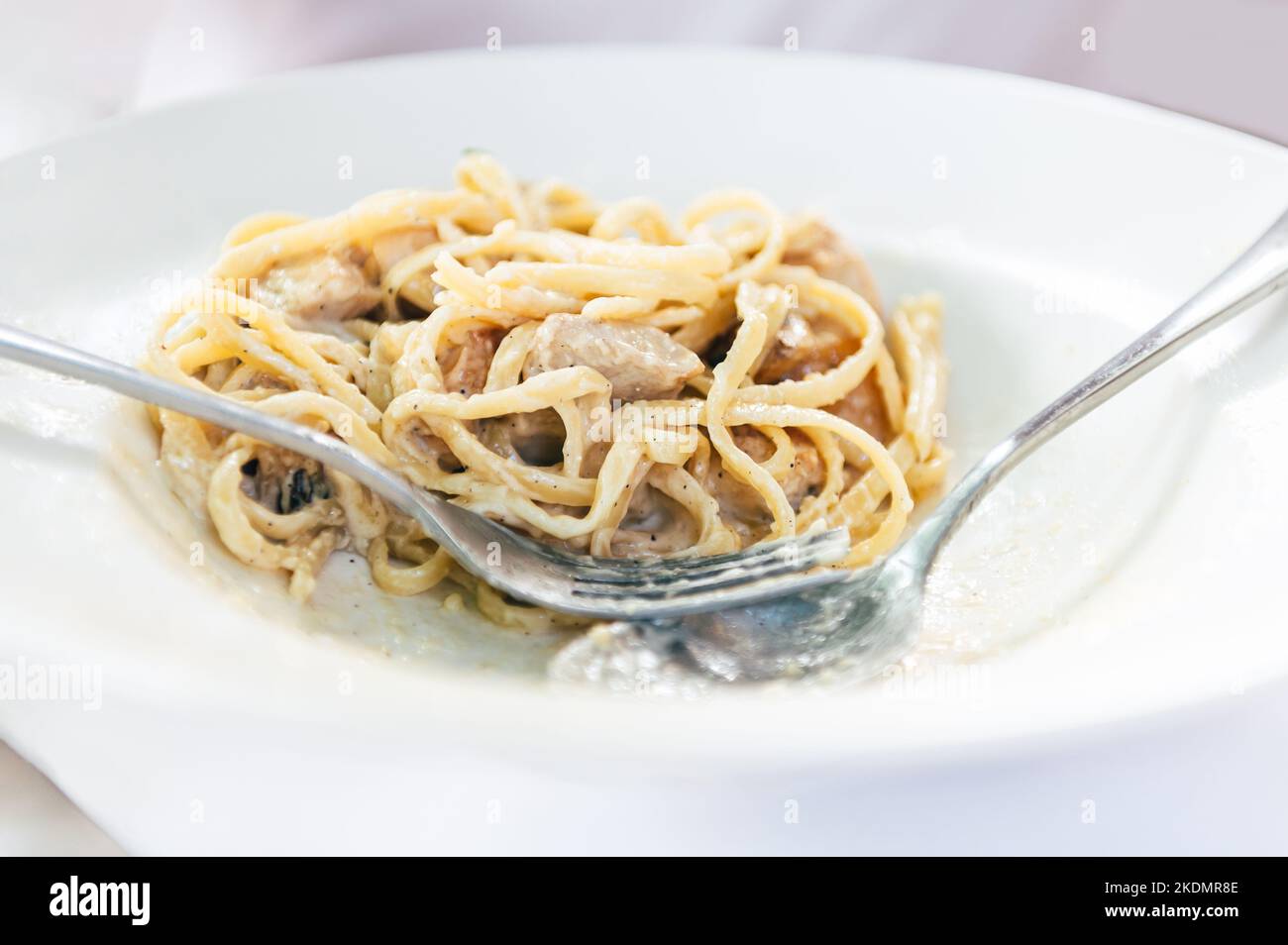 Spaghetti mit Pilzen und Huhn Stockfoto