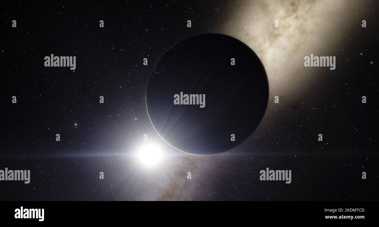 Planet über Milchstraße Galaxie mit Sonne und Sternen, Raum 3D Abbildung Hintergrund, das Universum Tapete Stockfoto