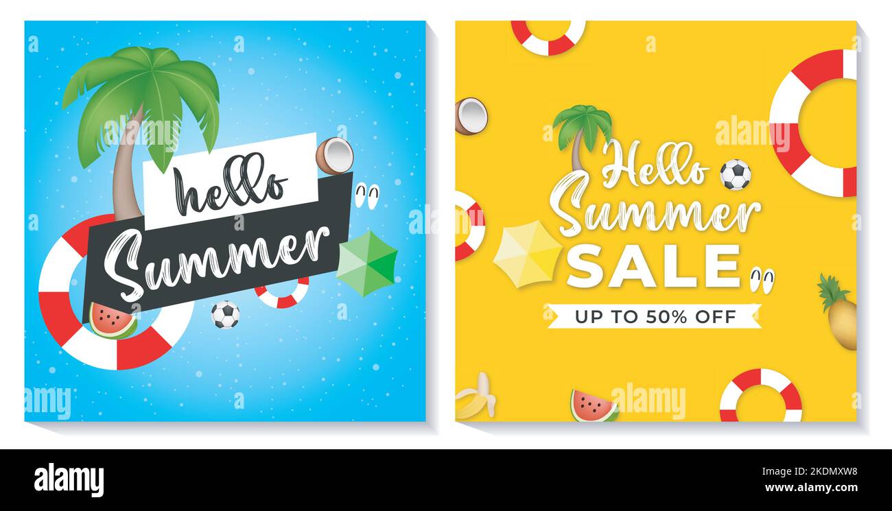 „Hello Summer“-Poster-Banner-Vorlagenset mit tropischen Früchten in verschiedenen Farben. Stock Vektor