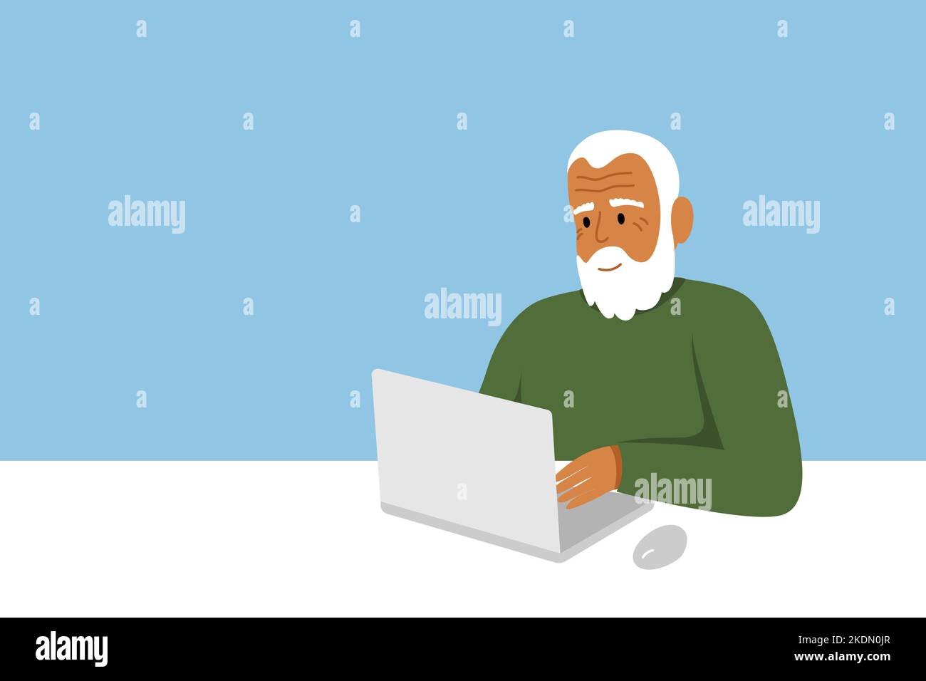 Weißhaariger älterer Mann, Großvater mit Laptop und Platz für Text Stock Vektor
