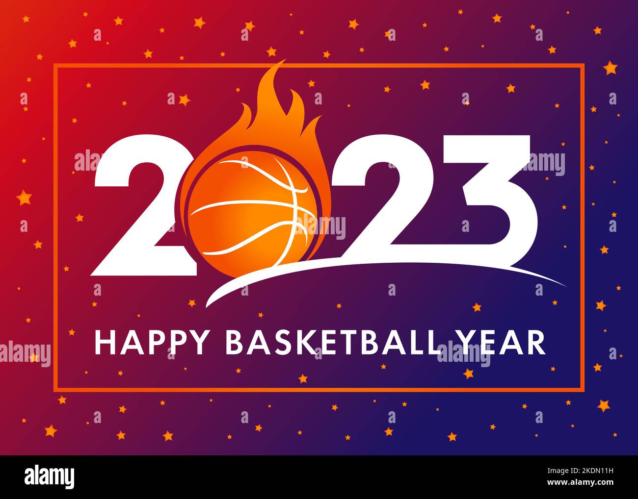 Frohes Basketball Jahr 2023. Sport Cover Hintergrund Logo 2023 mit Ball in Feuer und orange Sterne. Vektor-Illustration für Turnier-Banner Stock Vektor