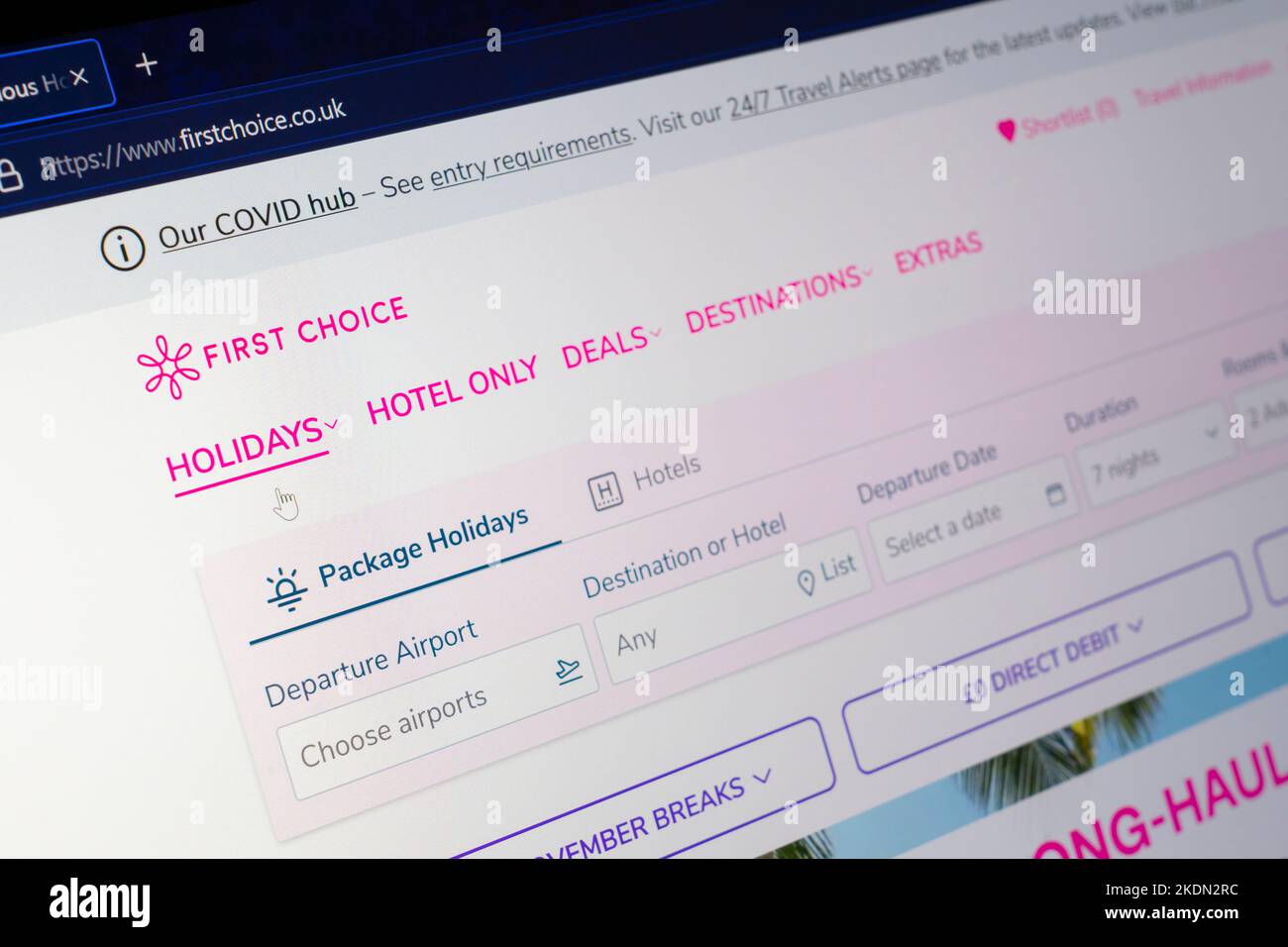 Buchungsseite der First Choice Website. First Choice Holidays Limited ist ein britisches Online-Reisebüro und Reiseveranstalter Stockfoto