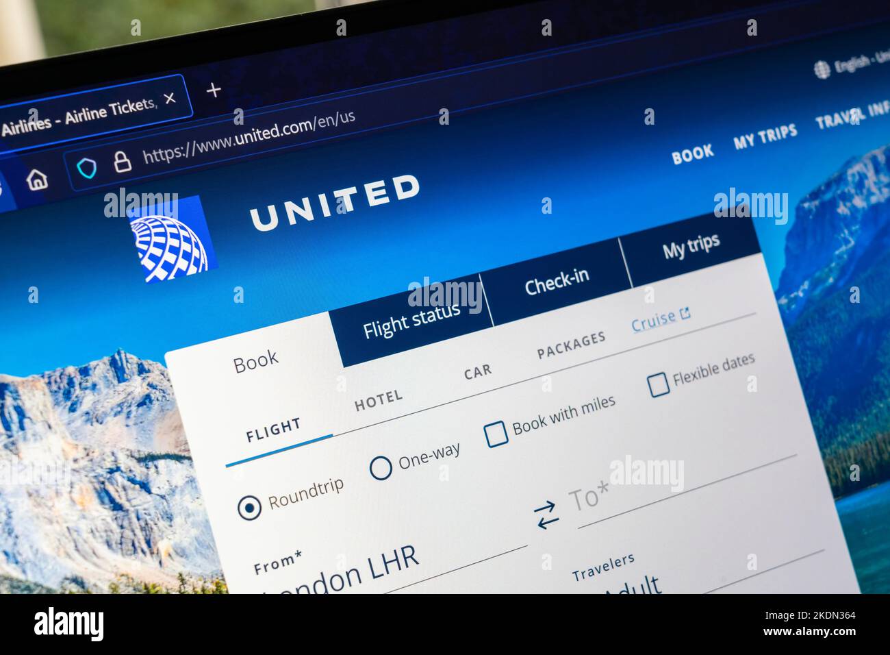 Die Website-Homepage von United Airlines Inc., einer großen amerikanischen Fluggesellschaft, die ein großes inländisches und internationales Streckennetz betreibt Stockfoto