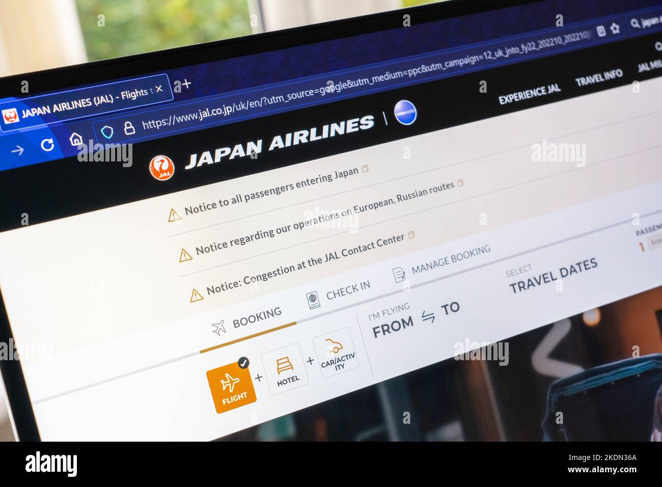 Website-Flugbuchungsseite für Japan Airlines Co., Ltd., auch bekannt als JAL oder Nikkō, ist eine internationale Fluggesellschaft und die japanische Fluggesellschaft Stockfoto