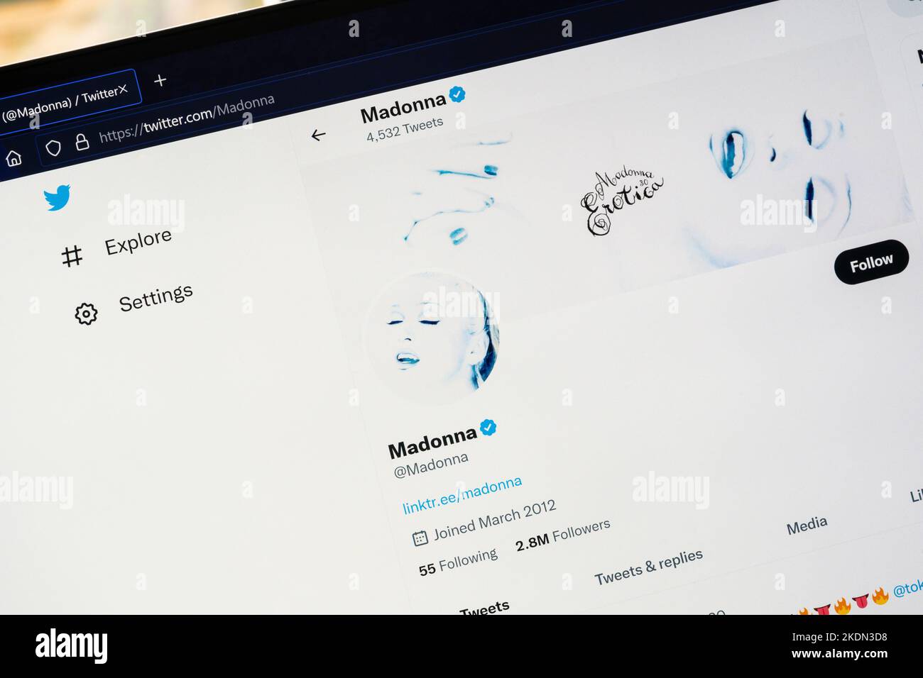 Verifizierte Blue Tick Twitter-Profilseite für Madonna Louise Ciccone ist eine amerikanische Sängerin, Songwriterin und Schauspielerin. Wird als die Königin des Pop bezeichnet. Stockfoto