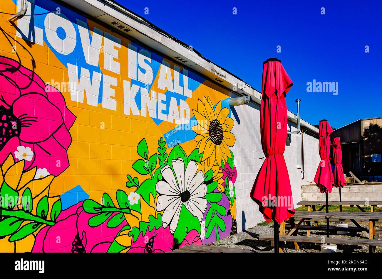 Am 6. November 2022 in Biloxi, Mississippi, ist ein farbenfrohes Wandgemälde auf der Seite von Le Bakery & Café gemalt. Das Wandbild „Liebe ist alles, was wir kneten“ fügt einen Spritzer hinzu Stockfoto