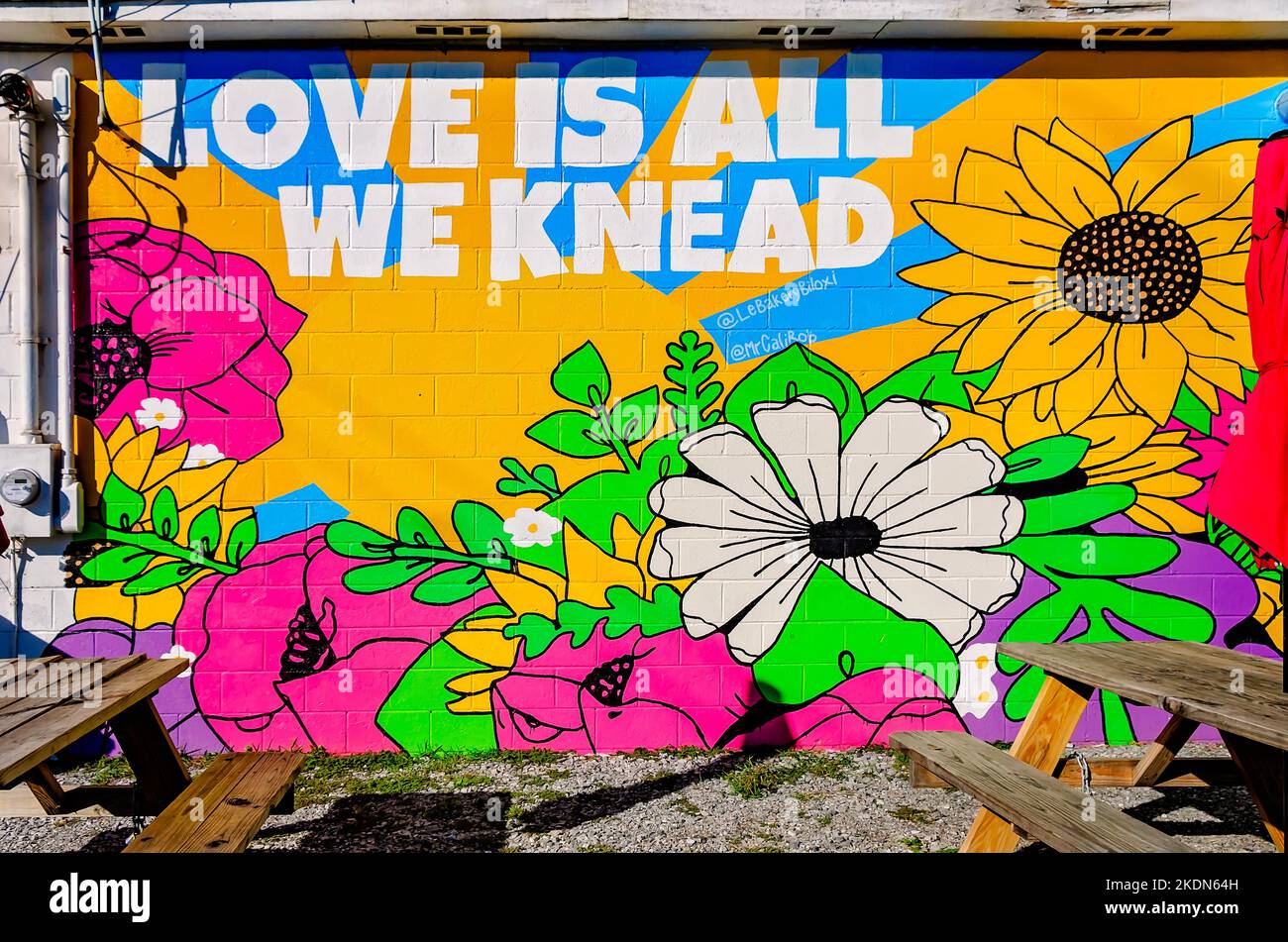 Am 6. November 2022 in Biloxi, Mississippi, ist ein farbenfrohes Wandgemälde auf der Seite von Le Bakery & Café gemalt. Das Wandbild „Liebe ist alles, was wir kneten“ fügt einen Spritzer hinzu Stockfoto