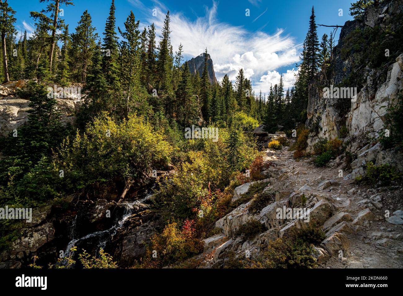 Brückenüberquerung (die einzige von sechs Übergängen, die eine Brücke hat) am Alice Lake in Idahos Sawtooth Wilderness Stockfoto