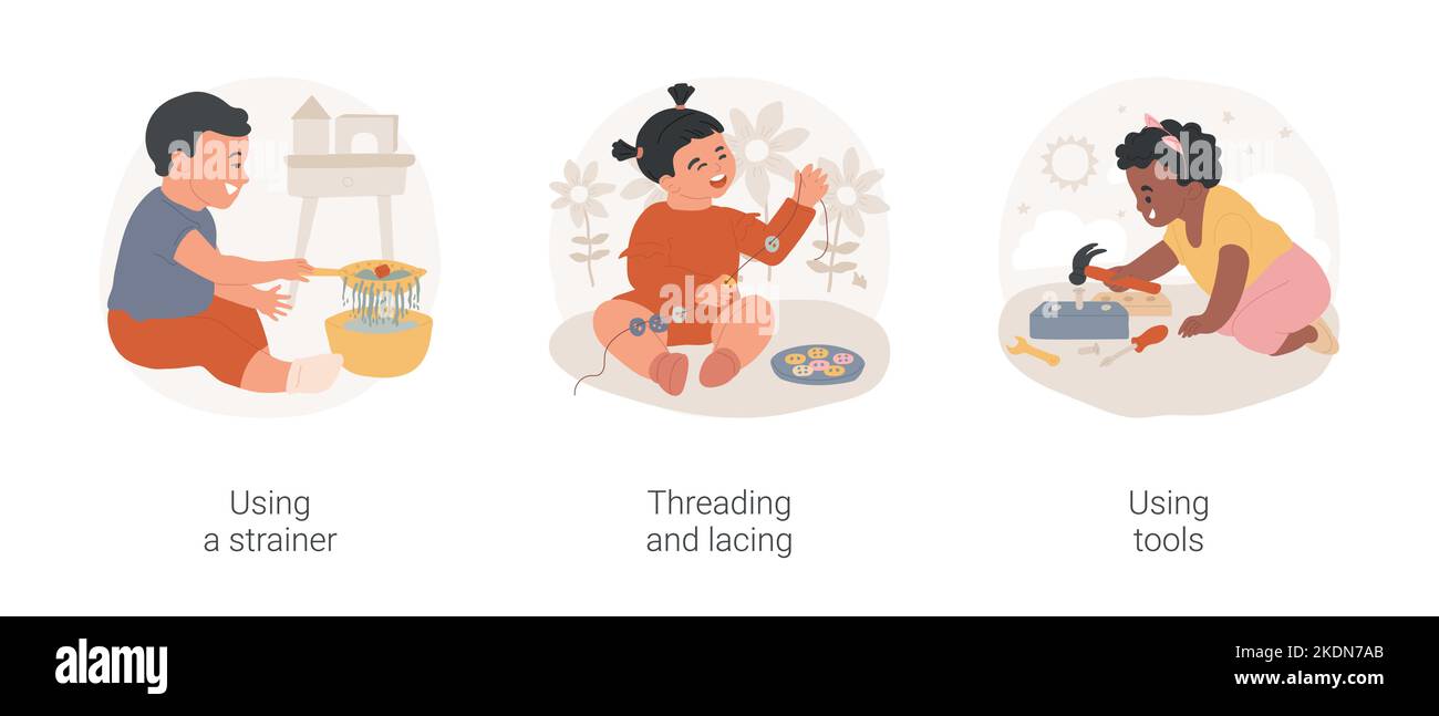 Montessori Vorschule Motor Entwicklung isoliert Cartoon-Vektor-Illustration-Set. Mit einem Sieb, Threading und Schnürung, mit Werkzeugen, praktische Leben lernen, Spielzeug-Tool-Set Vektor-Cartoon. Stock Vektor