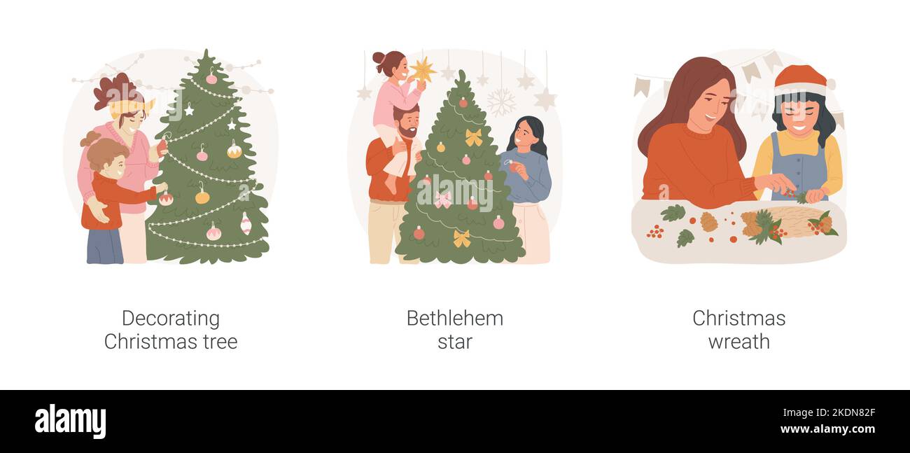 Dekorieren zu Hause für Weihnachten isoliert Cartoon Vektor Illustration set. Glückliche Familie Dekoration Weihnachtsbaum, hängenden Bethlehem-Stern, Mutter und Tochter machen Kranz zusammen Vektor-Cartoon. Stock Vektor