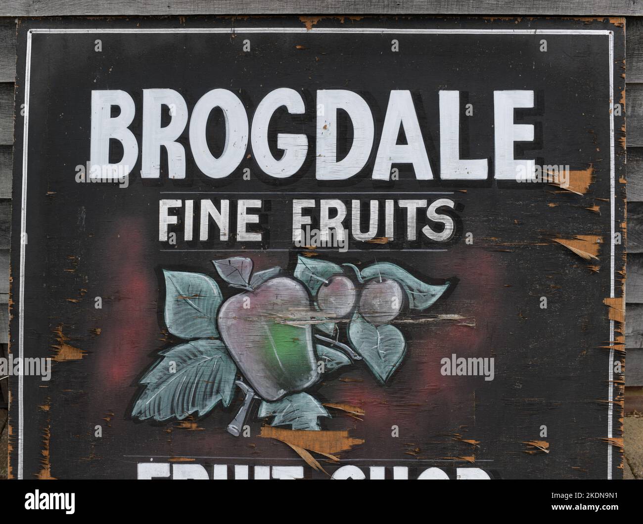 Brogdale Fine Fruits Schild vor dem Fruit Shop bei Brogdale Collections National Fruit Collection, Brogdale, Faversham, Kent, England, UK Stockfoto