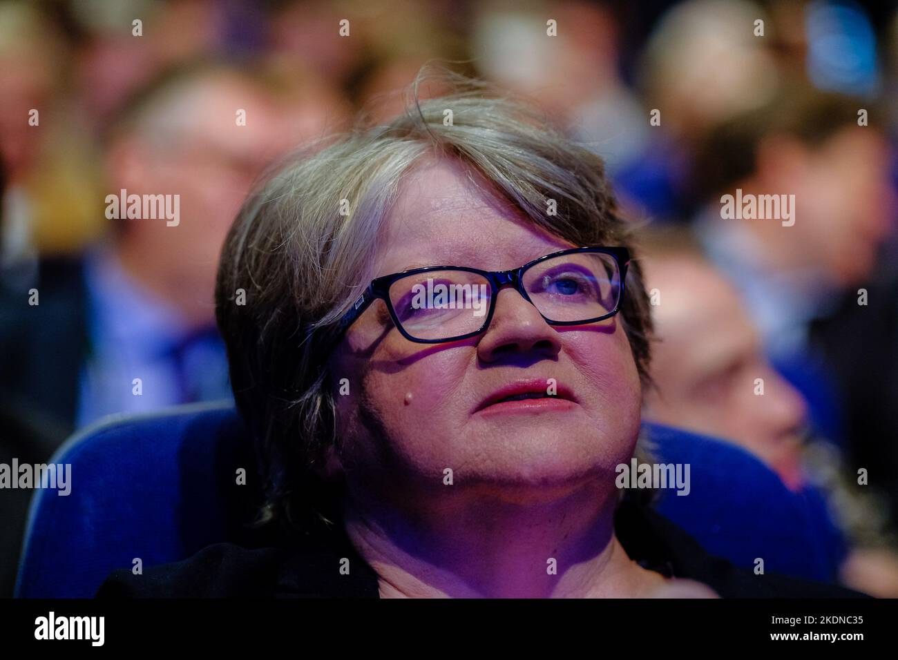 Therese Coffey vor der Hauptrede der Premierminister, fotografiert während der Herbstkonferenz der Konservativen Partei, die am Mittwoch, 5. Oktober 2022, im International Convention Centre in Birmingham stattfand. Bild von Julie Edwards. Stockfoto