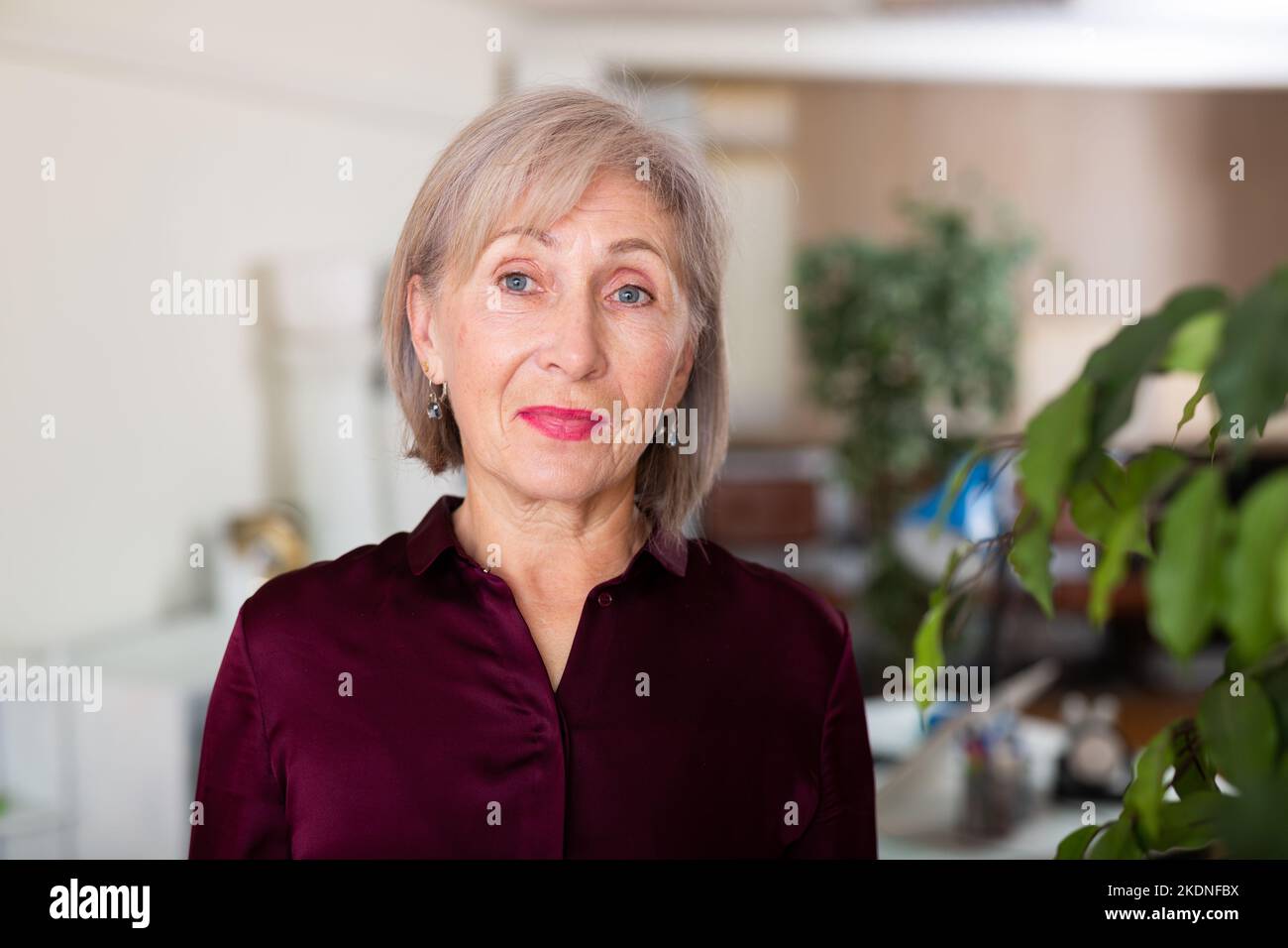 Nahaufnahme Porträt einer erfolgreichen lächelnden älteren Geschäftsfrau im Büro Stockfoto
