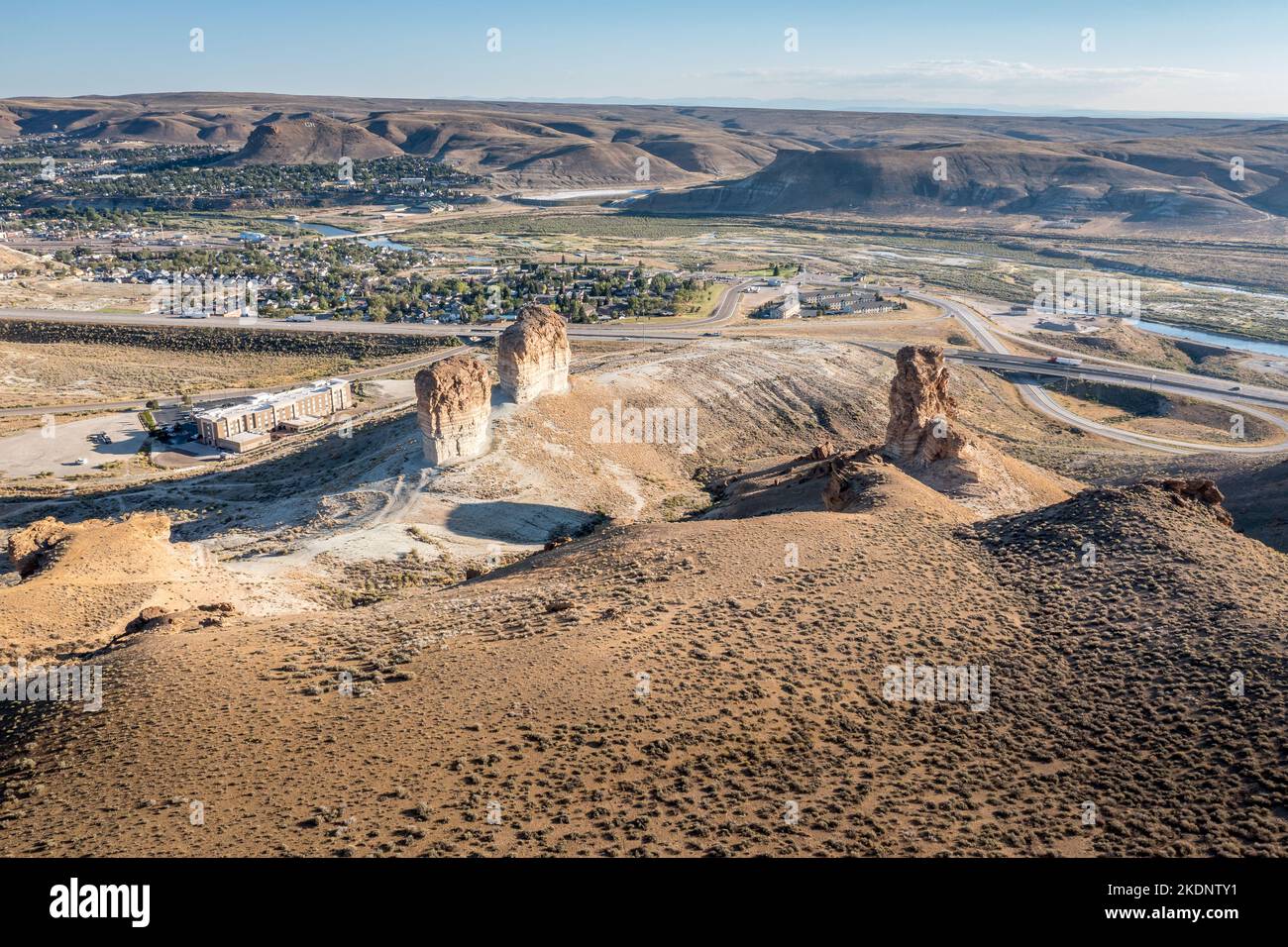 Luftaufnahme der Pilot Butte Wild Horse Scenic Loop auf dem Highway 80 in Wyoming Stockfoto