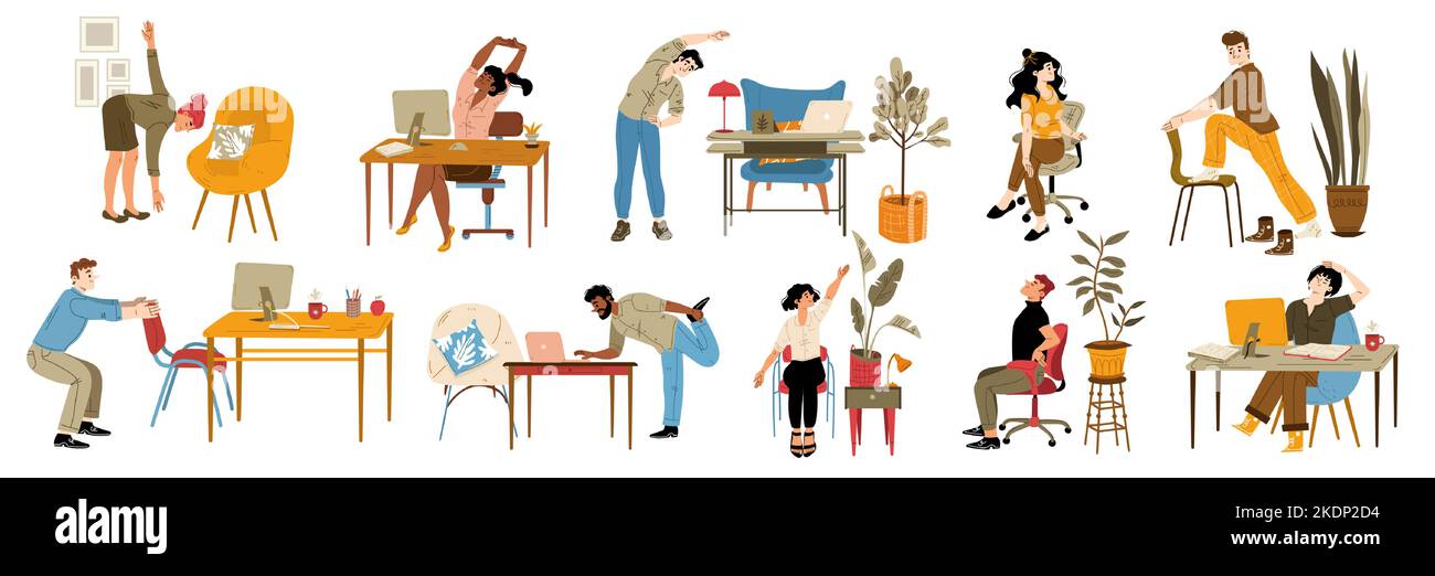 Büroangestellte trainieren bei der Arbeit, strecken sich in der Nähe des isolierten Schreibtisches. Menschen üben Training am Arbeitsplatz tun Kniebeugen, lehnt und Ausfallschritte genießen Pause, Cartoon lineare flache Vektor-Illustration Stock Vektor
