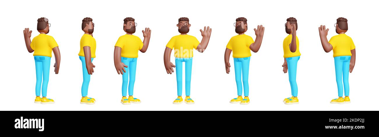 3D Render, männliches Charaktermodell Sprite Blatt Turnaround Animation. Moderner schwarzer Mann mit Brauenhaar und Bart tragen Jeans und T-Shirt winkende Hand volle Höhe Seite, hinten und vorne Cartoon-Set Stockfoto