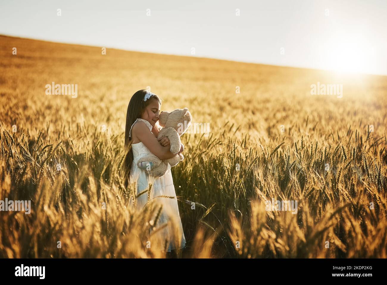 Es entlädt sich zu einem perfekten Tag. Ein süßes kleines Mädchen, das mit ihrem Teddybären in einem Kornfeld spielt. Stockfoto