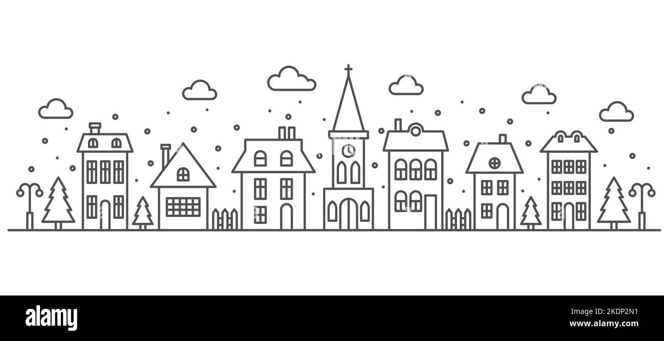 Vorstadtviertel Winterlandschaft. Silhouette von Häusern und Kirche auf der Skyline mit Schneeflocken. Landhaushäuser. Umrissvektor Stock Vektor