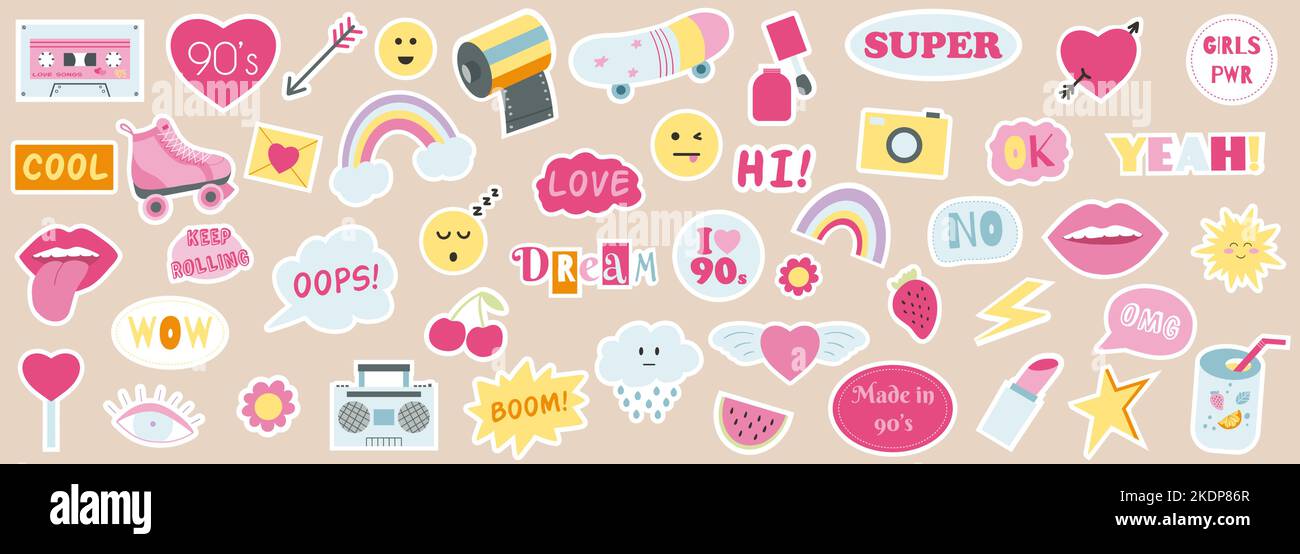 Mode Kollektion von 90s Girly Sticker. Vektor-Illustration von handgezeichneten Patches, Pins in rosa Farbe. Nostalgie 1990 Stock Vektor