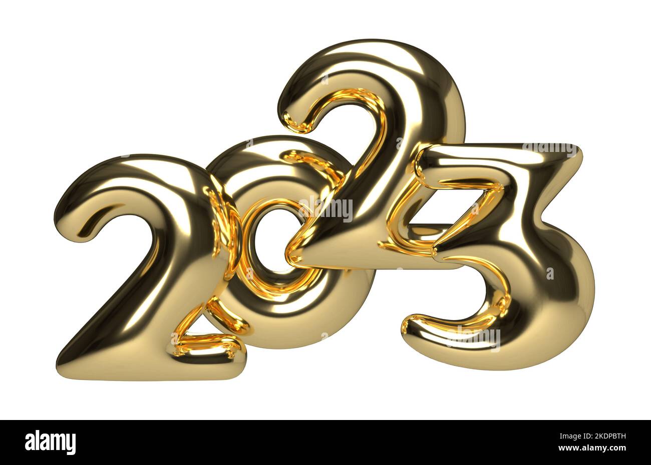 Plump Gold Zahlen 2023 in geschwollenen Comic-Stil. Realistisches 3D-Zeichen. Symbol für das Ereignis „Neujahr“. 3D Darstellung auf weißem Hintergrund isoliert rendern Stockfoto