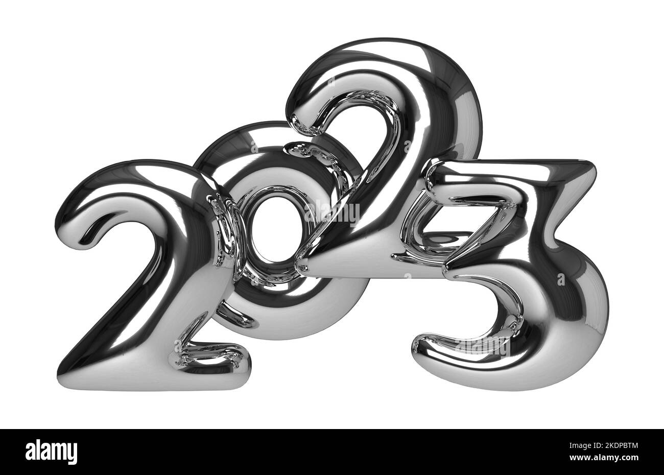 Gold Zahlen 2023 in geschwollenen Comic-Stil. Realistisches 3D-Zeichen. Symbol für das Ereignis „Neujahr“. 3D Darstellung auf weißem Hintergrund isoliert rendern Stockfoto