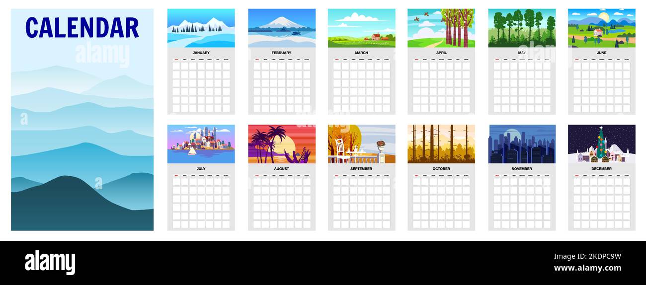 Vorlage Kalender Landschaft natürliche Hintergründe von vier Jahreszeiten Stock Vektor