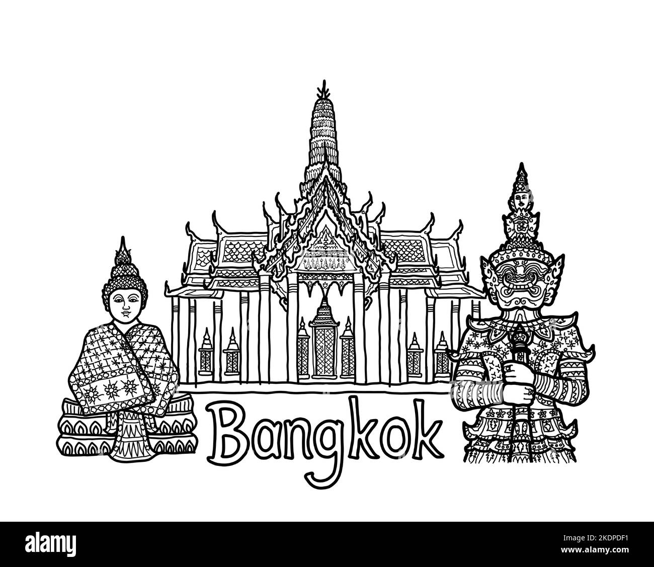 Wat Phra Kaew, der große Palast mit Smaragd-Buddha und Yaksha-Riese. Thailändischer buddhistischer Tempel und Reiseziele in Bangkok, Thailand. Vektor. Stock Vektor