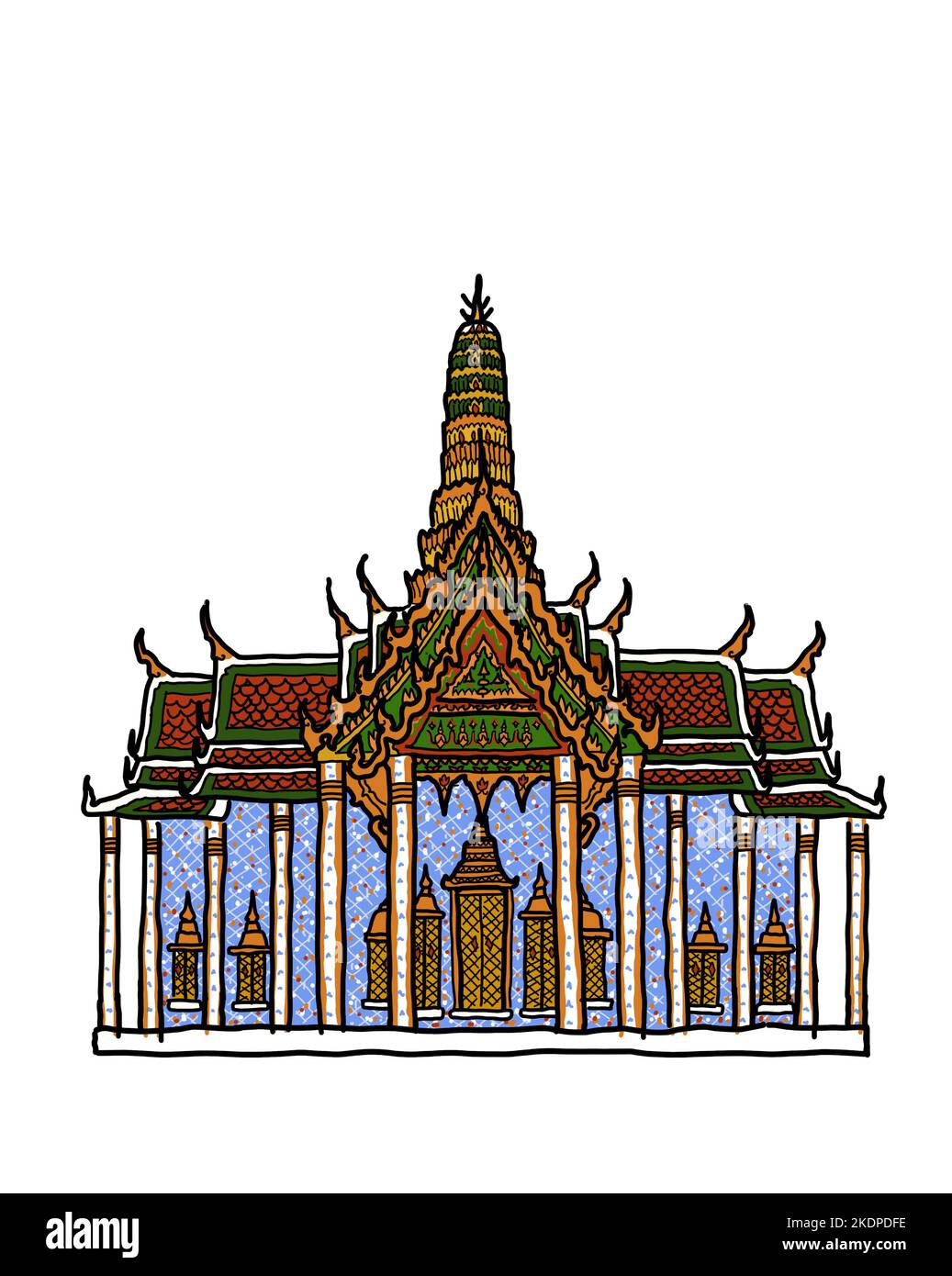 Illustration Zeichnung Vektor von Wat Phra Kaew oder Emerald Buddha Tempel in Bangkok, Thailand. Thailändischer Buddhismus und Reiseziel in Thailand Konzept. Stock Vektor