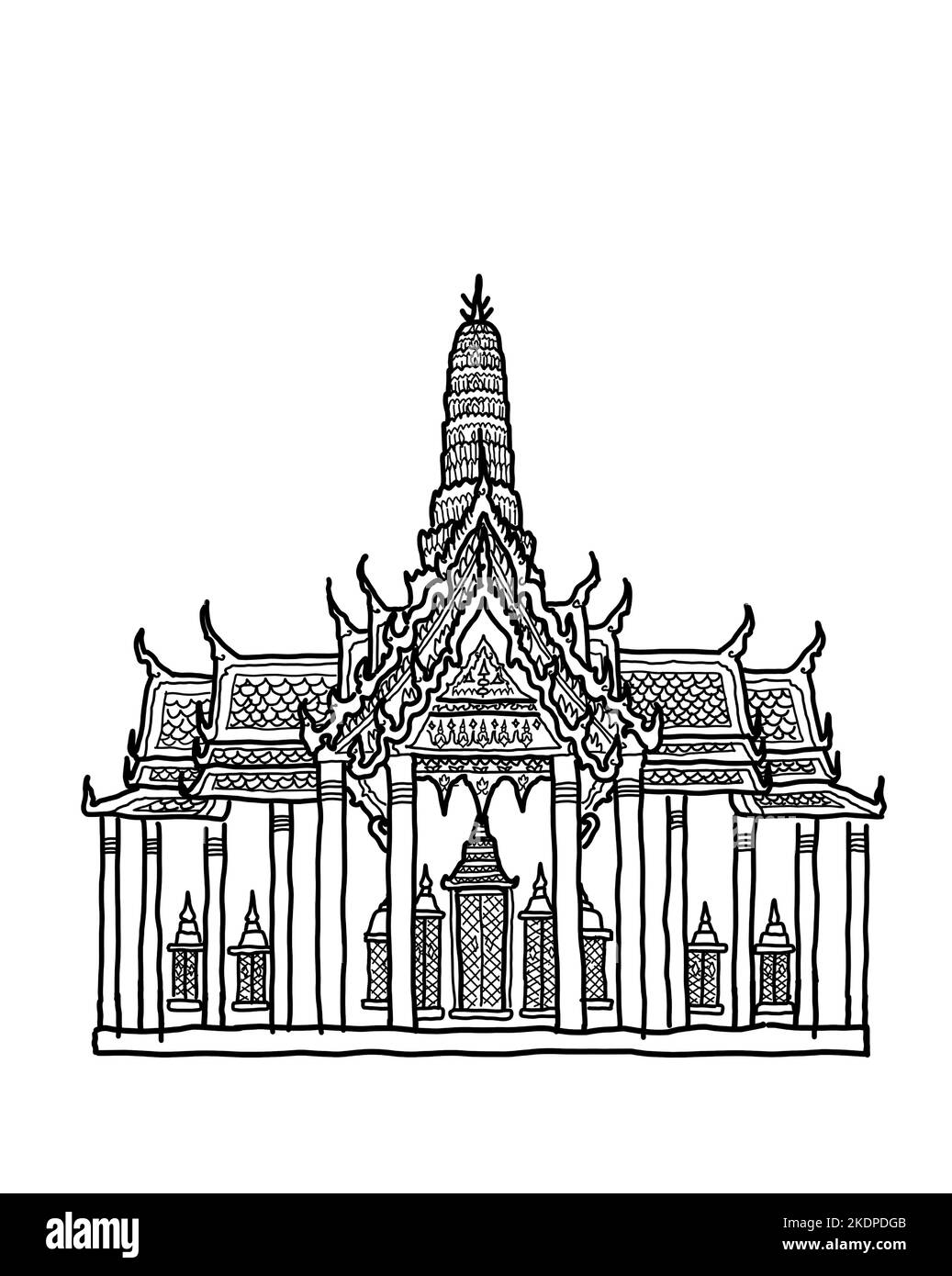 Illustration Zeichnung Vektor von Wat Phra Kaew oder Emerald Buddha Tempel in Bangkok, Thailand. Thailändischer Buddhismus und Reiseziel in Thailand Konzept. Stock Vektor