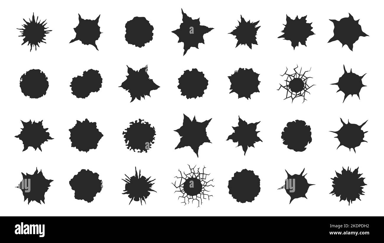Schwarze Schusslöcher. Geschoss Schuss beschädigte Elemente auf metallischer Oberfläche, Pistole bullethole Silhouetten Ziel Schießen zerrissene Riss Elemente. Vektor Stock Vektor