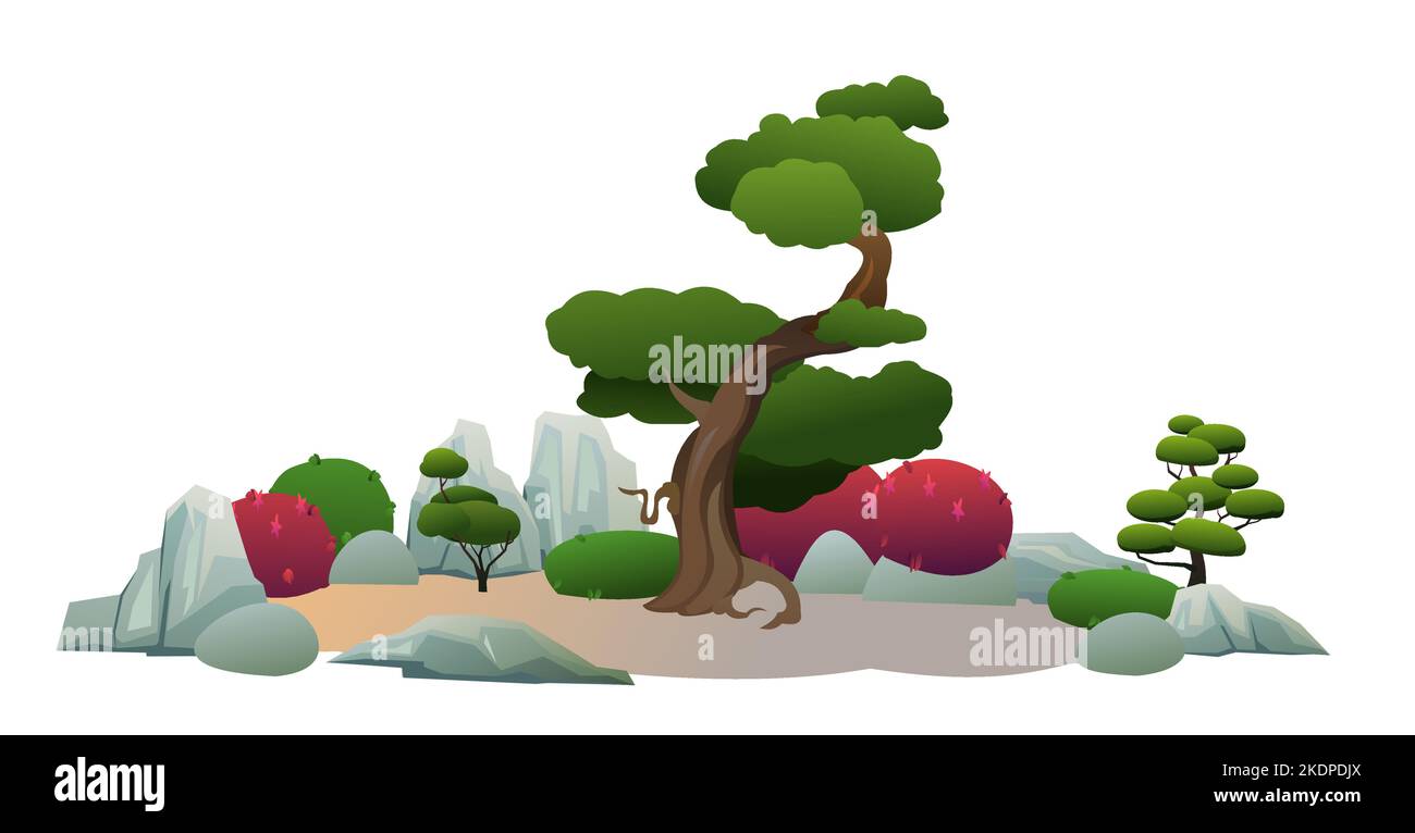 Japanischer Garten und Blumenbeet mit kleinen Bäumen, Steinen und Blumen. Sandiger kleiner Hügel mit Steinen. Isoliert auf weißem Hintergrund. Illustrationsvektor. Stock Vektor