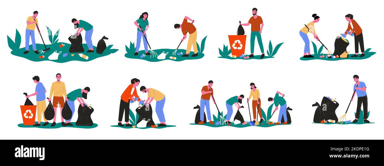 Menschen sammeln Müll. Cartoon Freiwillige Figuren Aufräumen Müllabfall, soziale humanitäre Hilfe Konzept. Vektor-isolierter Satz Stock Vektor