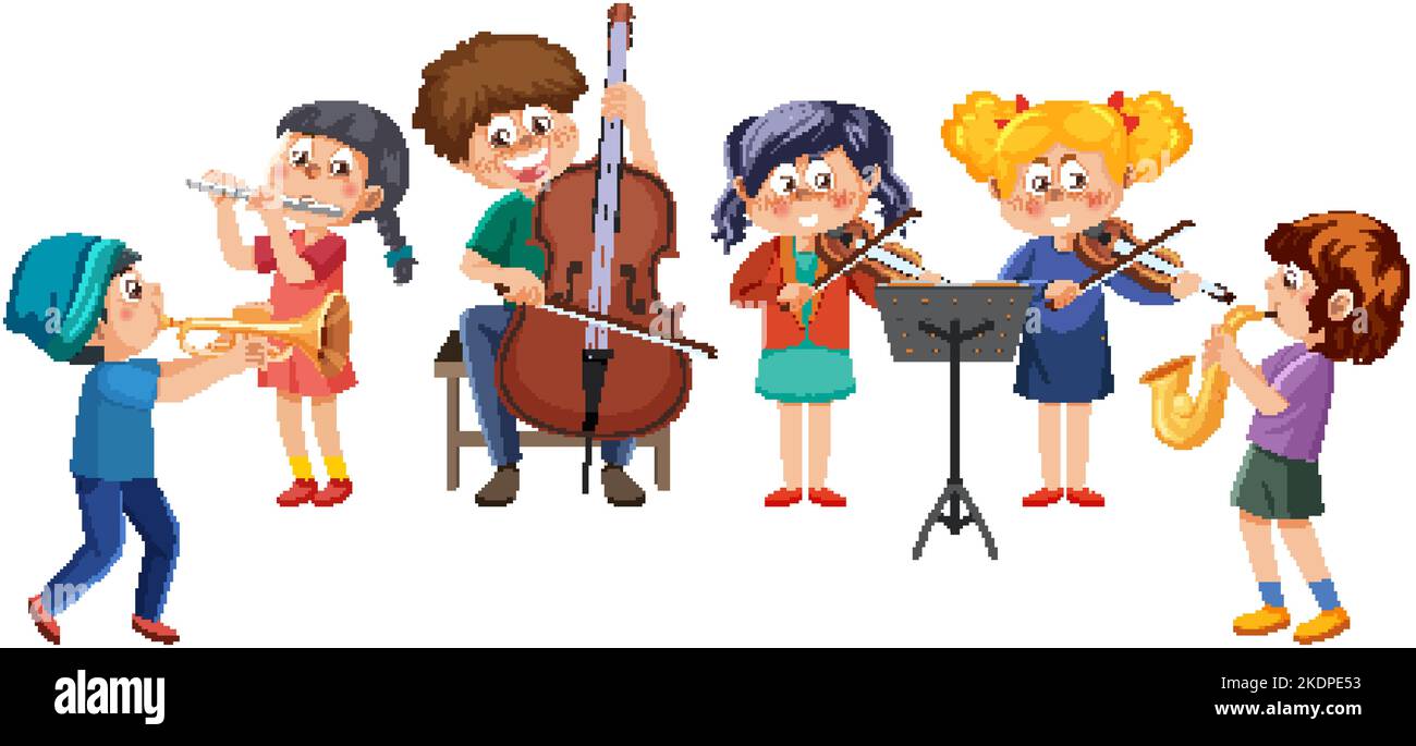 Orchester-Band mit Kindern spielen Musikinstrumente Illustration Stock Vektor