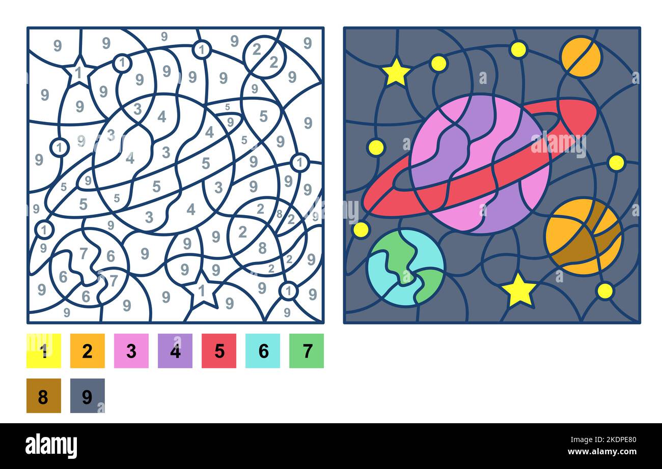 Vektor Färbung Buch Seite, Puzzle-Spiel, Farbe nach Anzahl Galaxie Raum und Planeten Stock Vektor