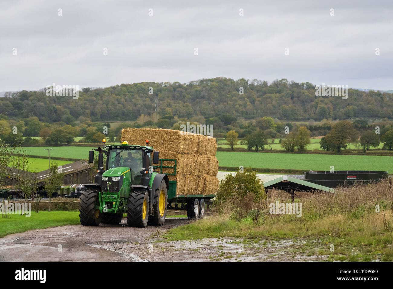 In Cowbridge, Wales, Vereinigtes Königreich, schlepper ein Traktor einen mit Heu gestapelten Anhänger. Stockfoto