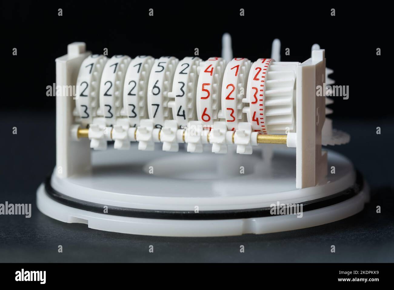 Die innere Struktur eines mechanischen Zählers verschiedener physikalischer Größen. Makrofotografie. Stockfoto