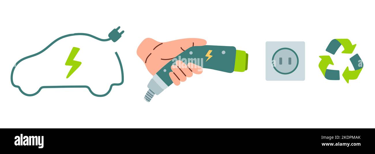 Hand hält Stromanschluss für Auftanken, Elektroauto mit Steckersymbol, Elektroauto, grünes Hybrid-Fahrzeug-Ladepunkt-Logo Stock Vektor