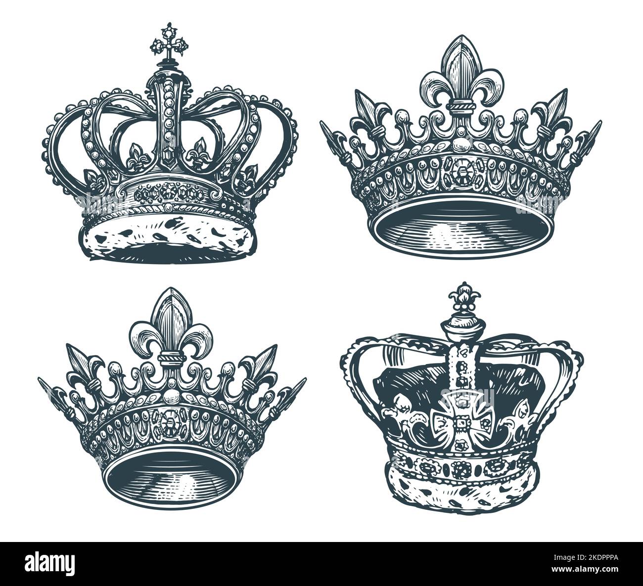 Königliche goldene Krone mit Edelsteinen. König, Königin Symbol. Handgezeichnete Skizzenvektor-Illustration im Vintage-Gravurstil Stock Vektor