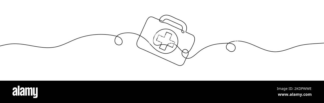 Fortlaufende Linienzeichnung der erste-Hilfe-Ausrüstung. Line Art des Verbandskastens. Hintergrund für einzeilige Zeichnung. Vektorgrafik. Stock Vektor