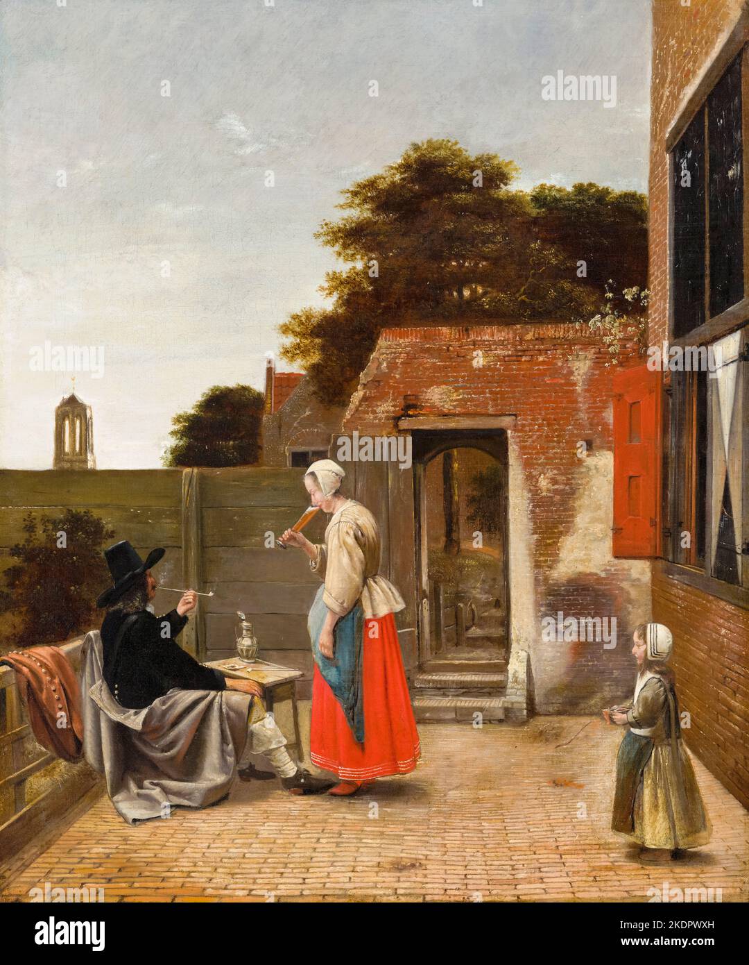 Pieter de Hooch Gemälde, Ein Mann, der raucht und eine Frau, die im Hof trinkt, Öl auf Leinwand, 1659 Stockfoto