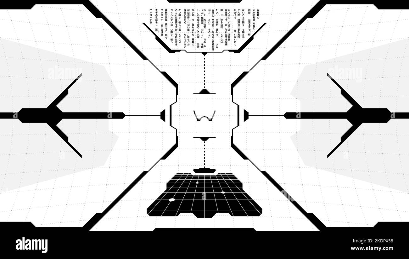 VR HUD Virtual Technology Head-up-Display-Ziel. Digitale futuristische Schnittstelle Cyberpunk Hi-Tech Visor Bildschirm. FUI GUI UI schwarz-weißes Raumschiff Cockpit Armaturenbrett Panel mit Programmcode. Vektor Stock Vektor