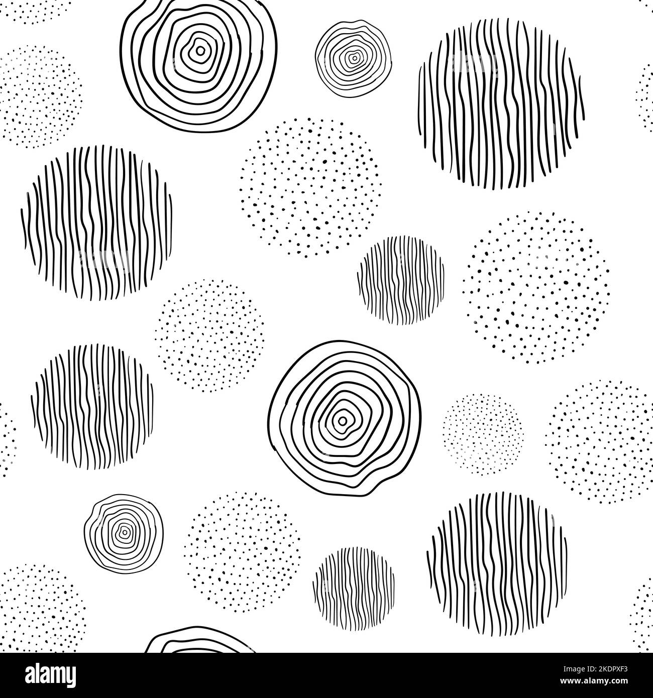 Abstraktes, nahtloses Muster mit von Hand gezeichneten gepunkteten Kreisen. Schwarz-weißer Hintergrund für Tapete, Stoffdruck-Design Stock Vektor