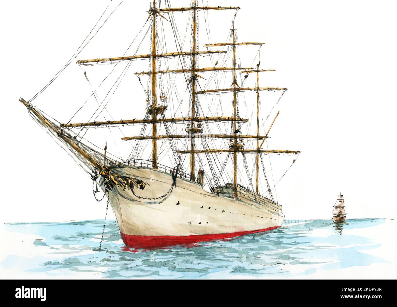 Moderne, schiffsmanipulierte Fregatte. Tinte und Aquarell auf Papier. Stockfoto