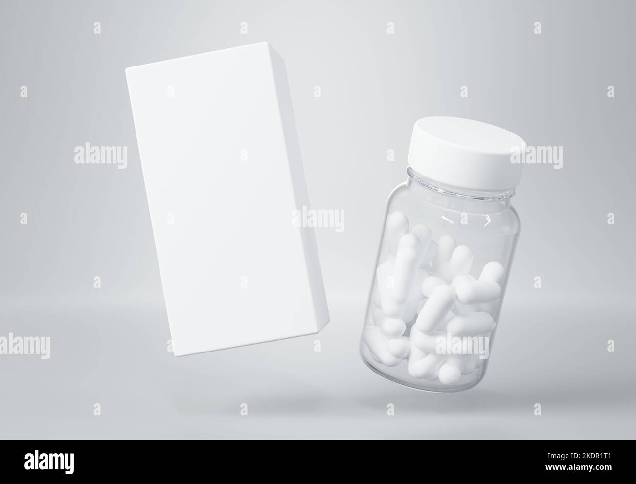 Medicine klar Plastikglas mit Kapseln und weißen Box schwimmend auf grauem Hintergrund 3D Rendermockup Stockfoto