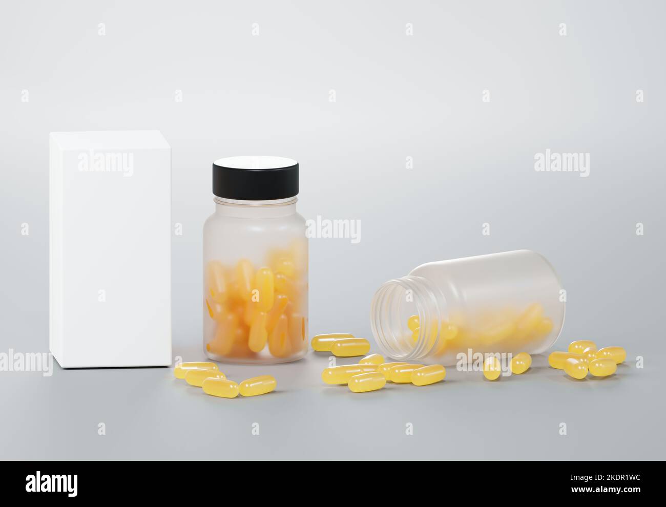 Medizin-Plastikglas mit gelben Vitaminkapseln und weißer Schachtel, die auf grauem Hintergrund schwimmt 3D Rendermockup Stockfoto