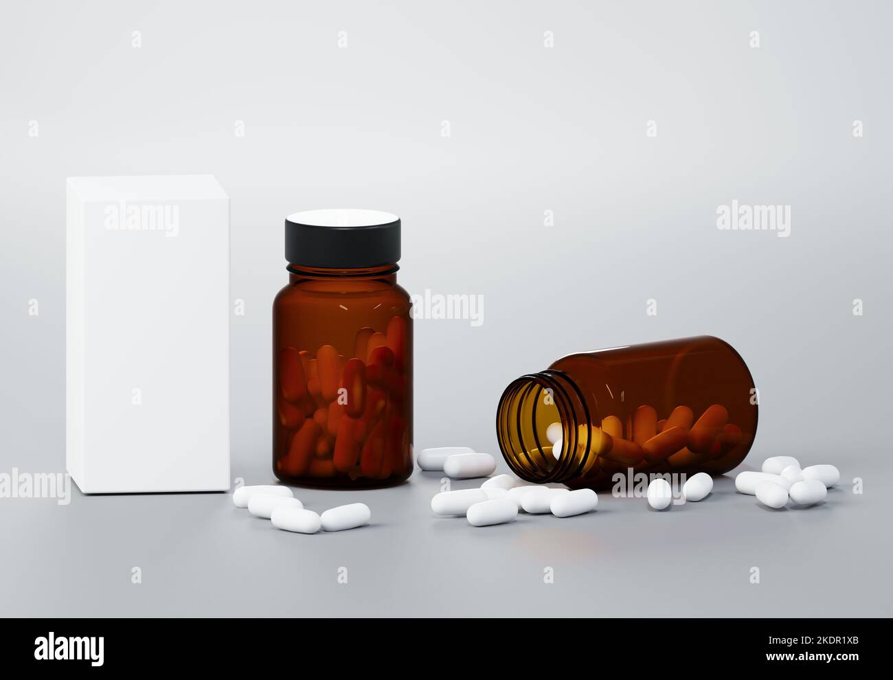 Medizin braun Plastikglas mit Kapseln und weiße Box schwimmend auf grauem Hintergrund 3D Rendermockup Stockfoto