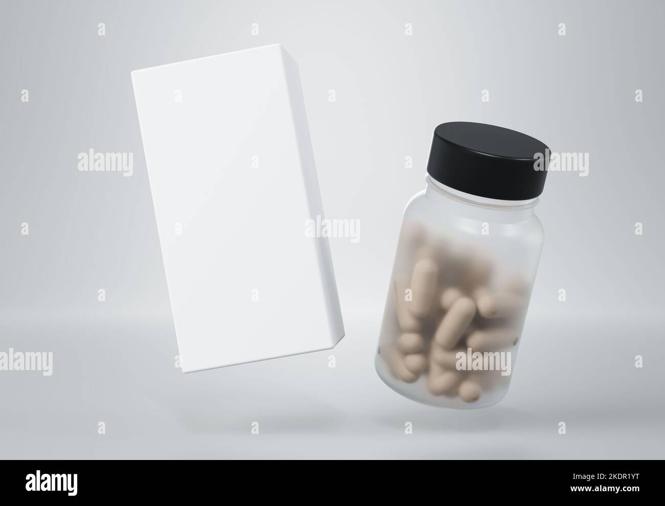 Medizin-Kunststoff-Glas mit natürlichen beigen Kapseln und weißen Box schwimmend auf grauem Hintergrund 3D Rendermockup Stockfoto