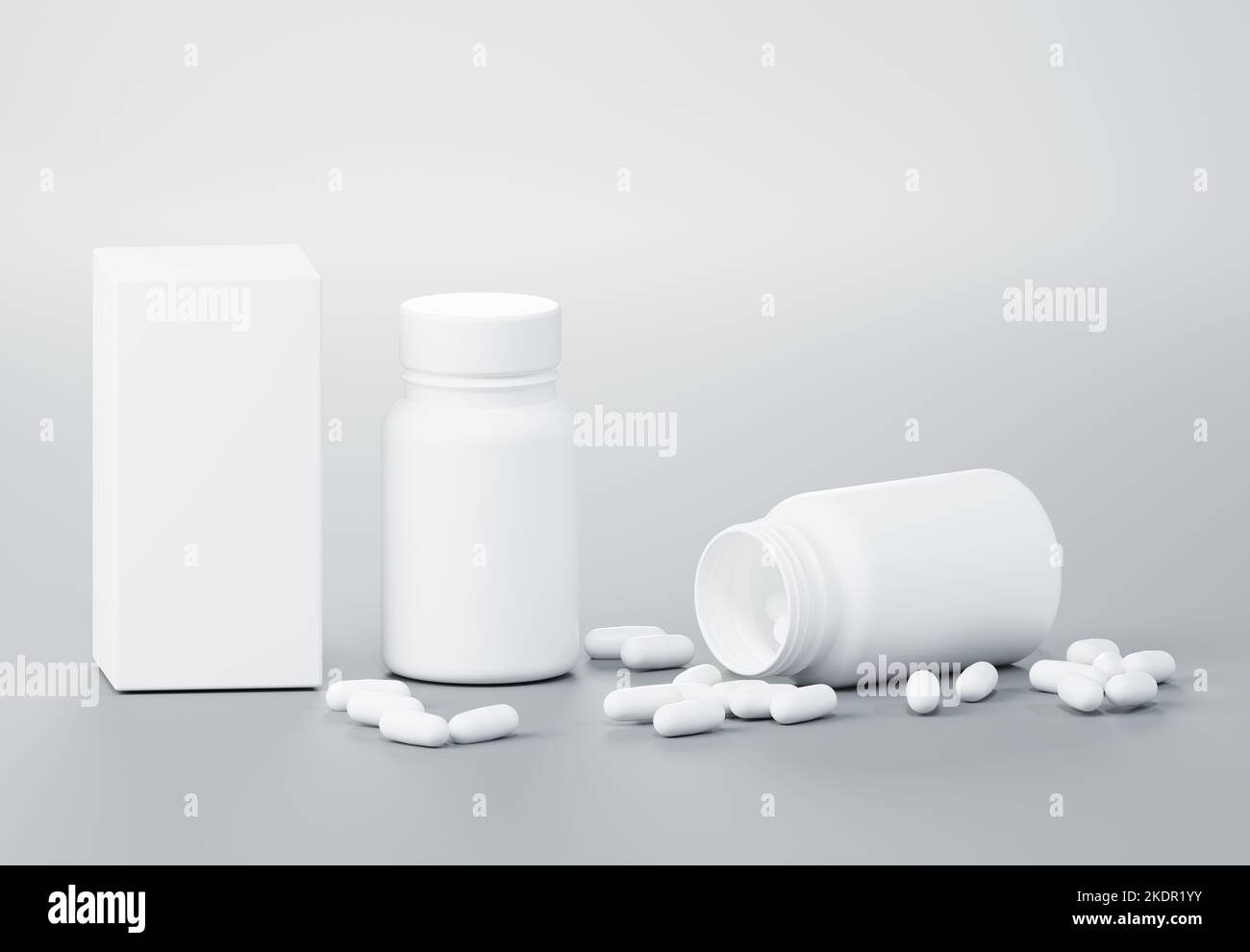 Medizin-Plastikglas mit Kapseln und weißen Box schwimmend auf grauem Hintergrund 3D Rendermockup Stockfoto